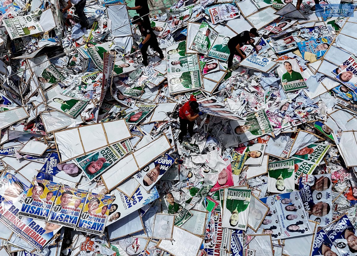 On Wednesday, 14 May 2025, personnel from the Department of Public Order and Safety (DPOS) unload election campaign tarpaulins at the Payatas Controlled Disposal Facility in Quezon City. The tarpaulins will be carefully segregated for upcycling, with materials set to be repurposed by Persons Deprived of Liberty (PDL) under the Bureau of Jail Management and Penology, as well as private organizations, for livelihood projects.