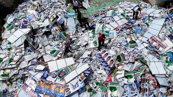 On Wednesday, 14 May 2025, personnel from the Department of Public Order and Safety (DPOS) unload election campaign tarpaulins at the Payatas Controlled Disposal Facility in Quezon City. The tarpaulins will be carefully segregated for upcycling, with materials set to be repurposed by Persons Deprived of Liberty (PDL) under the Bureau of Jail Management and Penology, as well as private organizations, for livelihood projects.