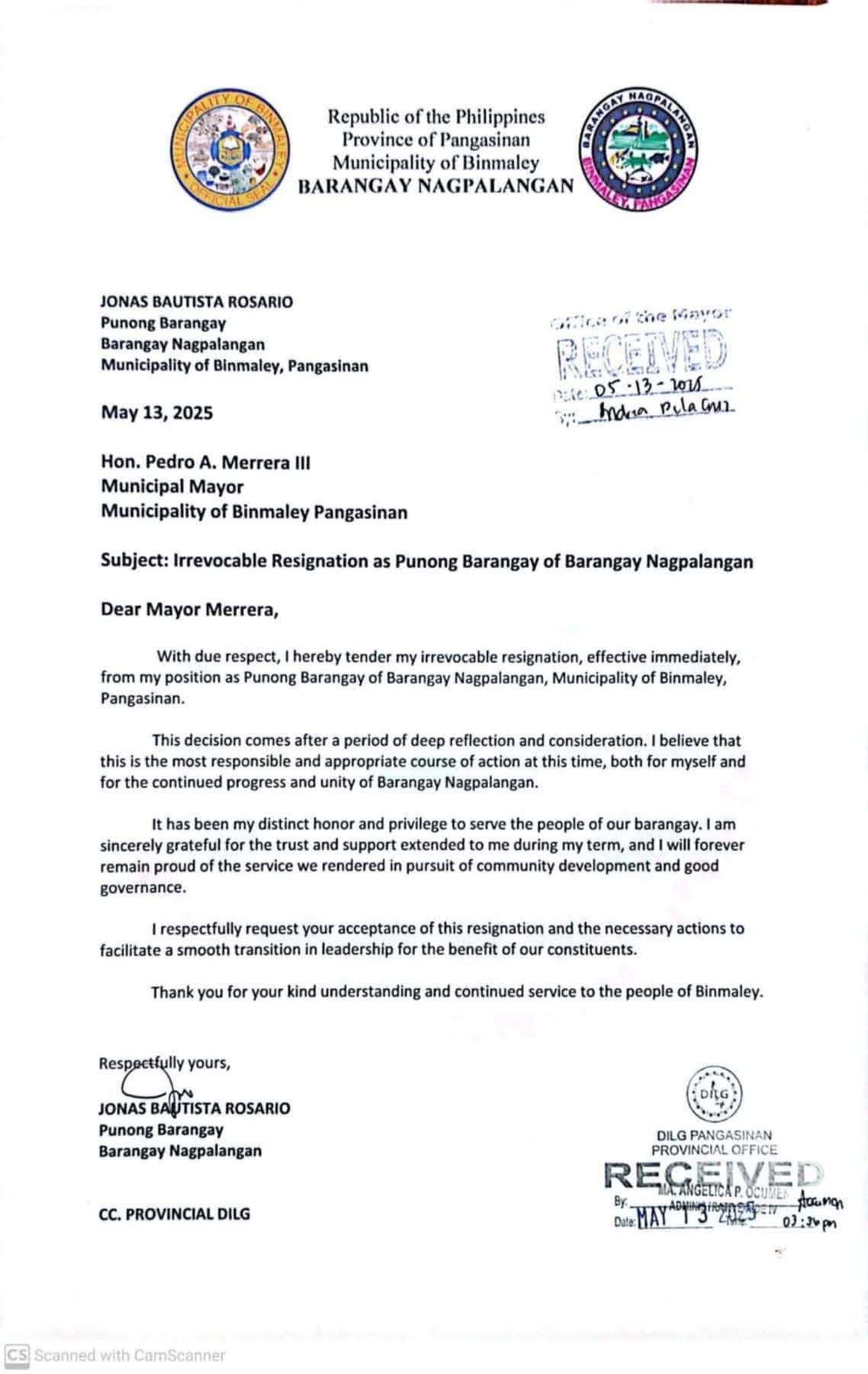 A scanned image of the resignation letter dated 13 May 2025 from Barangay Nagpalangan Chairman Jonas Bautista Rosario, addressed to Binmaley Mayor Pedro A. Merrera III. The letter cites personal reflection and calls for a smooth leadership transition following his irrevocable resignation.