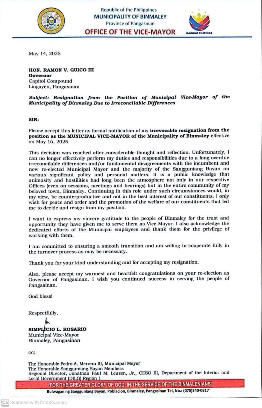 A scanned image of the resignation letter dated 14 May 2025 from Binmaley Vice Mayor Simplicio L. Rosario, addressed to Pangasinan Governor Ramon V. Guico III, formally notifying of his irrevocable resignation effective 16 May due to irreconcilable differences with the municipal leadership.
