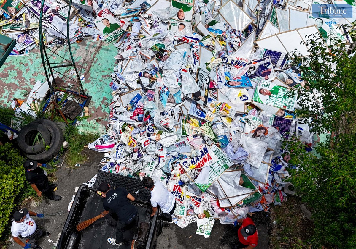 On Wednesday, 14 May 2025, personnel from the Department of Public Order and Safety (DPOS) unload election campaign tarpaulins at the Payatas Controlled Disposal Facility in Quezon City. The tarpaulins will be carefully segregated for upcycling, with materials set to be repurposed by Persons Deprived of Liberty (PDL) under the Bureau of Jail Management and Penology, as well as private organizations, for livelihood projects.