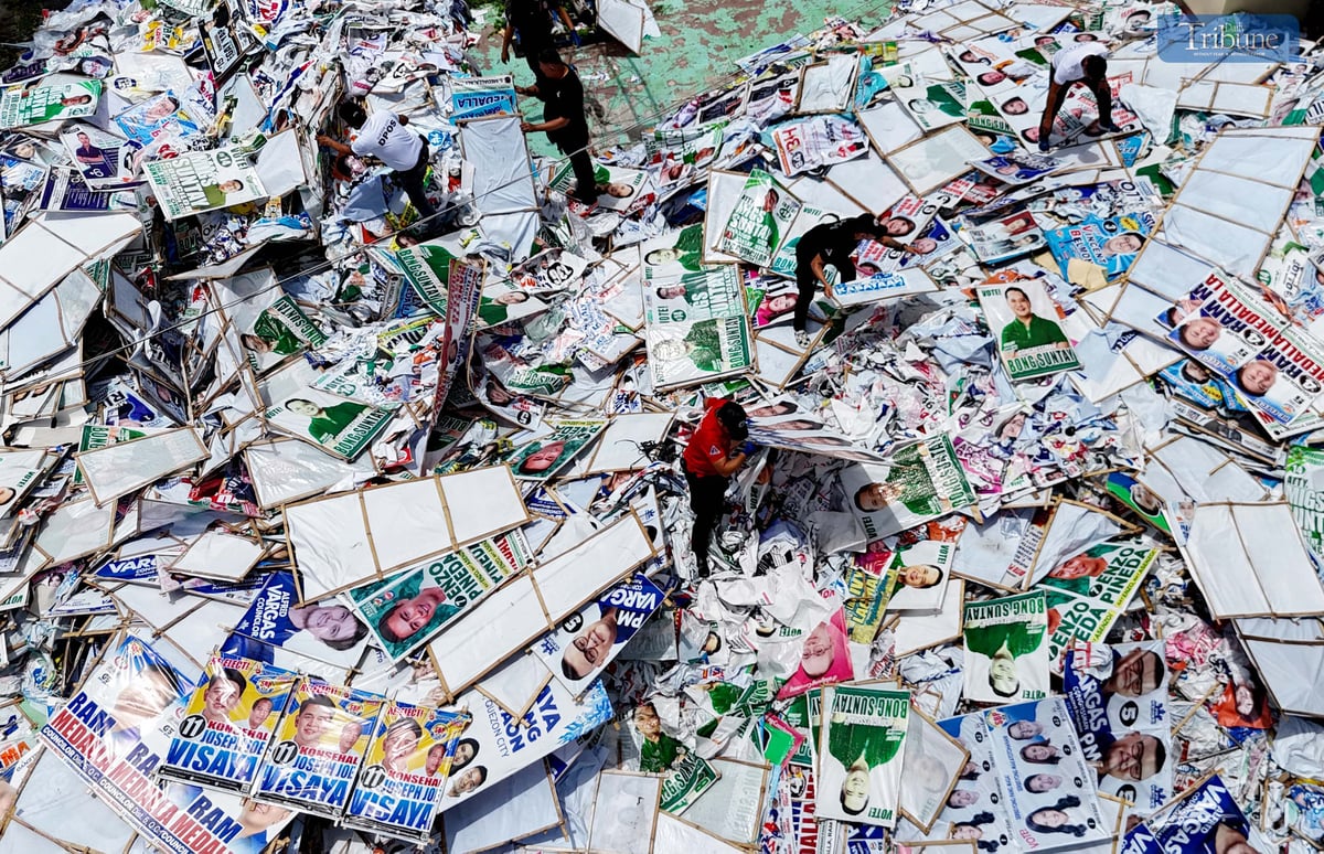 On Wednesday, 14 May 2025, personnel from the Department of Public Order and Safety (DPOS) unload election campaign tarpaulins at the Payatas Controlled Disposal Facility in Quezon City. The tarpaulins will be carefully segregated for upcycling, with materials set to be repurposed by Persons Deprived of Liberty (PDL) under the Bureau of Jail Management and Penology, as well as private organizations, for livelihood projects.