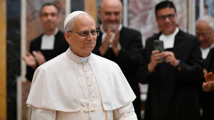 Pope Leo XIV smiles as members of the Lasallian community applaud during a Vatican audience recognizing their contributions to education and ministry.