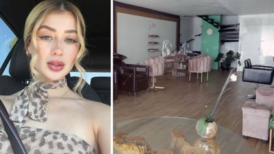 Side-by-side image showing Valeria Marquez, a 23-year-old Mexican beauty influencer, in a selfie posted to Instagram (left), and the interior of her beauty salon in Zapopan, Jalisco (right), where she was fatally shot during a livestream on 15 May 2025.