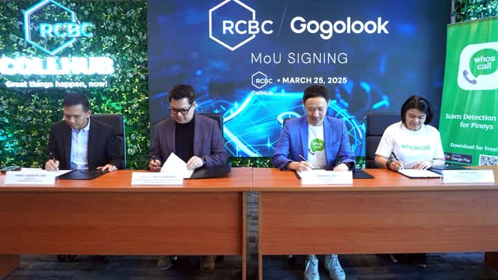 (From left to right) Arniel Vincent B. Ong, President and CEO of RCBC Bankard Services Corporation; Lito Villanueva, Executive Vice President and Chief Innovation and Inclusion Officer at RCBC; Gogolook’s Chief Operating Officer (COO), Manwoo Joo; and Gogolook Philippines Country Head Mel Migriño during the partnership signing at Yuchengco Centre in BGC Taguig City.