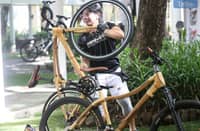 Exhibitors present a bamboo bike to the media during “Pedal and Repair: Multi-City Bike Mechanic Workshop and Bike Exhibit” held at QCX in Quezon City Memorial Circle on Friday, 16 May 2025.
Also featured were bike pedals made of rice husks!
