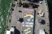 A Venezuelan fregate with the message 'Essequibo is ours'