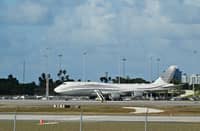 A Qatari Boeing 747 jumbo jet sits on the tarmac at Palm Beach International Airport on 15 February 2025, after US President Donald Trump toured the aircraft. The luxury jet, offered by Qatar’s royal family, has drawn controversy over plans to use it as Air Force One.