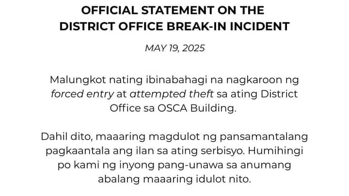 Marikina reports OSCA building break-in