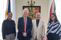 Chris Nelson of the British Chamber of Commerce Philippines poses with DTI Commercial Counsellor Michelle Sanchez, Ambassador Teddy Locsin Jr., and Consul Bea Martinez during a courtesy visit to the Philippine Embassy in London.
