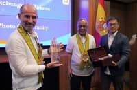 Spanish Ambassador to the Philippines Miguel Ultray Delgado displays a bottle of Taiwanese fermented sorghum liquor with gold flakes, a gift from Best Chang, assistant to the CEO of Xantheng Subic International Corp. Subic Bay Metropolitan Authority Chairman and Administrator Eduardo Jose L. Aliño joins them for a photo at the boardroom of the Administration Building in Subic Bay Freeport.
