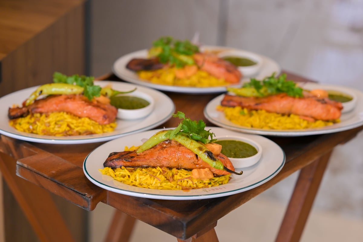 Kopa-grilled Salmon Tandoori with Orzo Biryani and Cilantro Chutney 01.