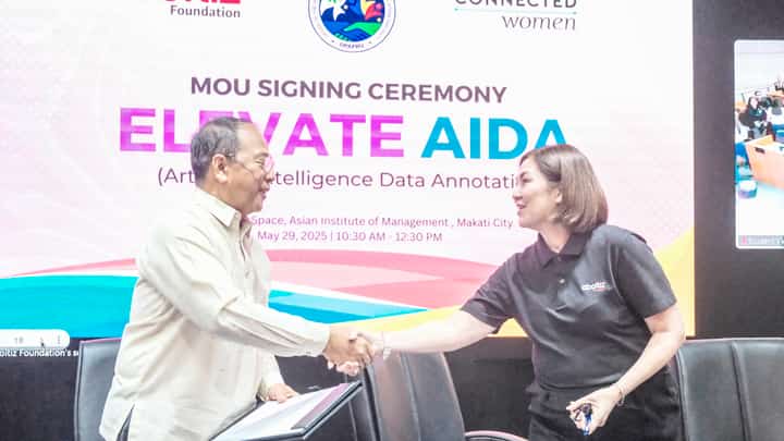 Aboitiz Foundation Inc. president Ginggay Hontiveros-Malvar (right) and Office of the Presidential Adviser on Peace, Reconciliation and Unity head and Presidential Peace Adviser Carlito G. Galvez Jr. seals a memorandum of understanding for the Elevate AIDA program at the Aboitiz Techspace of Asian Institute of Management in Makati City.
