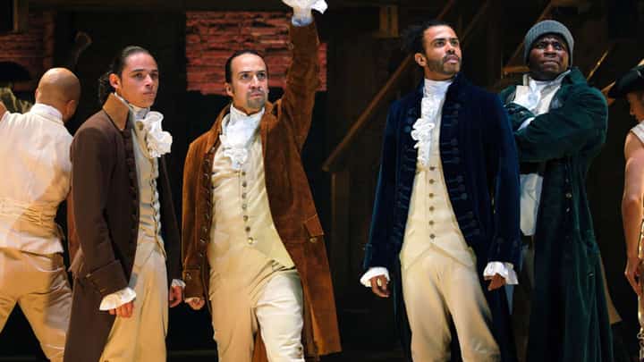 Anthony Ramos as John Laurens, Lin-Manuel Miranda as Alexander Hamilton, Daveed Diggs as the Marquis de Lafayette, and Okieriete Onaodowan as Hercules Mulligan in the filmed version of ‘Hamilton.’
