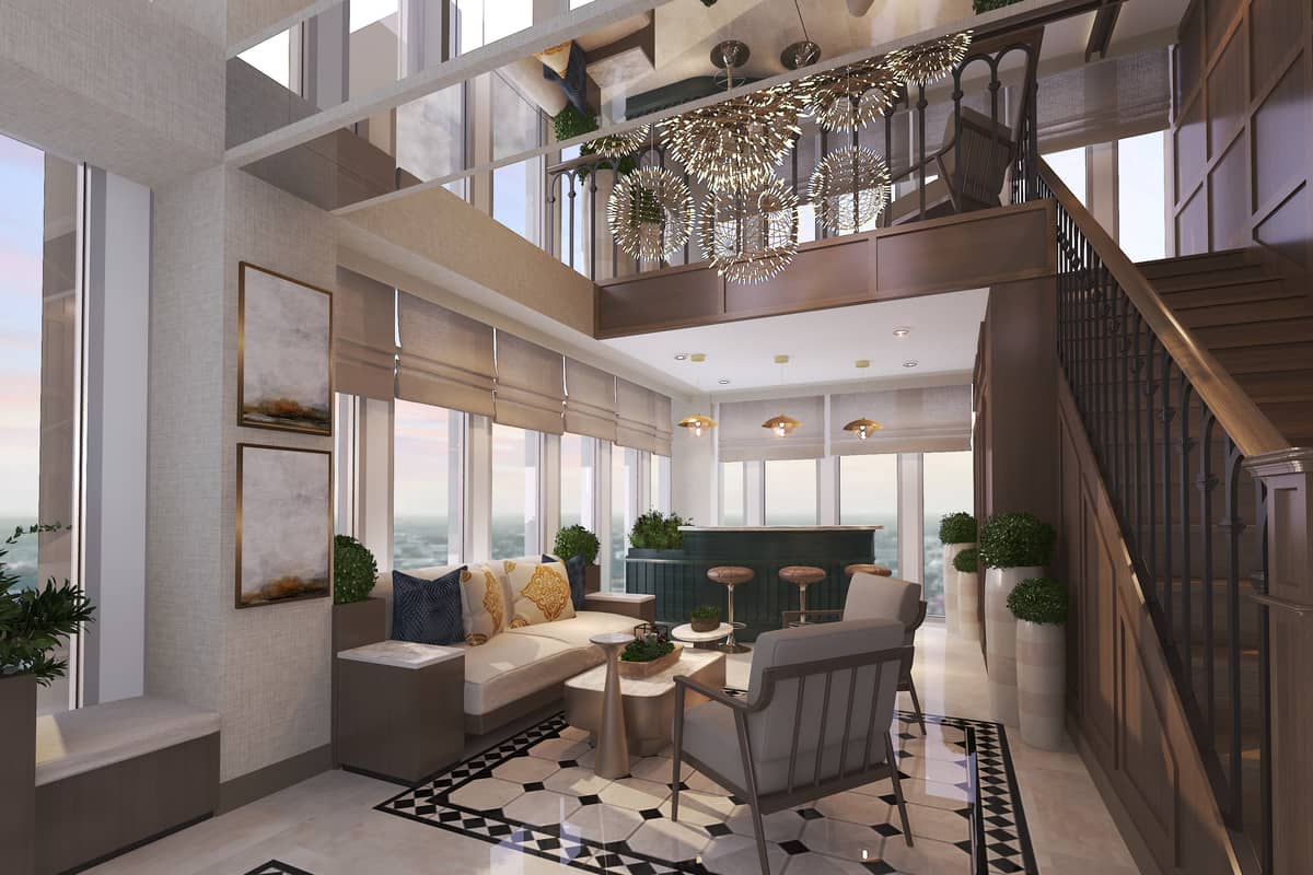 The two towers’ illuminated crowns will house glass-clad sky lounges for residents to enjoy the panoramic views of the city, the mountains and seas, and the nearby islands.