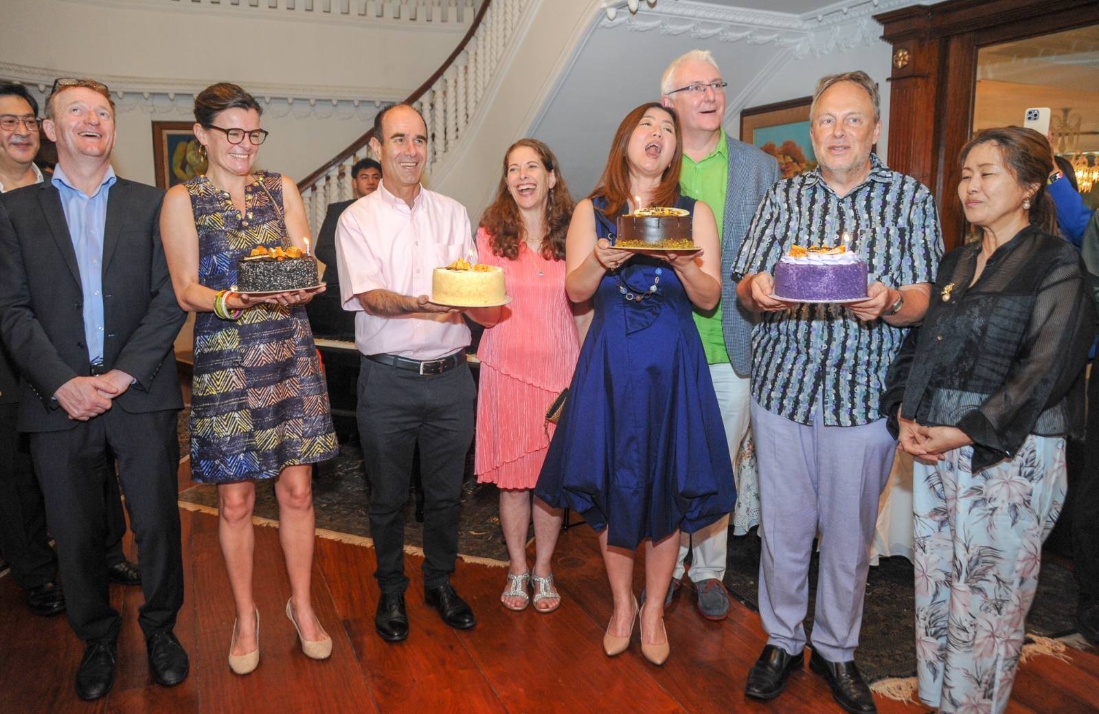 The Honorees Neil Naughton, British Ambassador Laure Beaufils, Israel Ambassador Ilan Fluss, Gila Fluss, Australian Ambassador HK Yu, Fergus Murphy, Belgian Ambassador Michel Parys and Chiemi Parys.