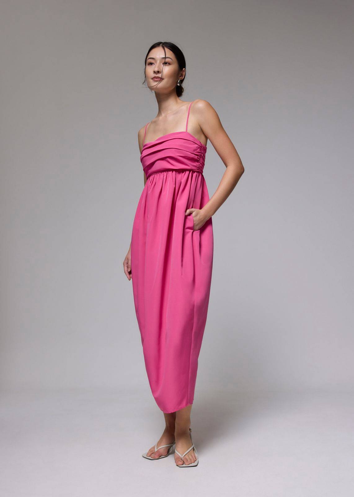 Ruched Straight Neck Tulip Maxi Dress.