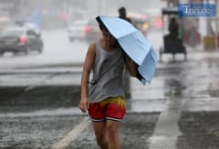A PEDESTRIAN shields himself from a sudden downpour with an umbrella which appears to have seen better days on Friday 6 June in Quezon City. PAGASA says moderate to heavy rains with thunderstorms and strong winds are expected today over Zambales, Quezon, Cavite, Batangas, Laguna, Metro Manila and Rizal.