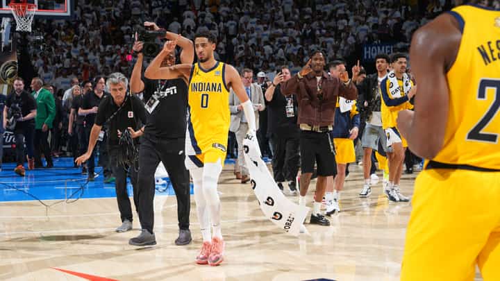 TYRESE Haliburton #0 of the Indiana Pacers celebrates after the game against the Oklahoma City Thunder during Game One of the 2025 NBA Finals.