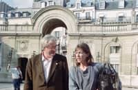 French director Bertrand Tavernier and French actress and singer Jane Birkin arrive at the Elysée Palace where they are received by the President of the Republic François Mitterrand before the 43rd Cannes Film Festival, on May 9, 1990.