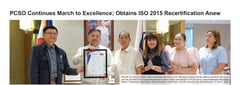 PCSO Continues March to Excellence; Obtains ISO 2015 Recertification Anew