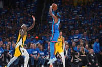 SHAI Gilgeous-Alexander #2 of the Oklahoma City Thunder shoots the ball during the game against the Indiana Pacers during Game Two of the 2025 NBA Finals