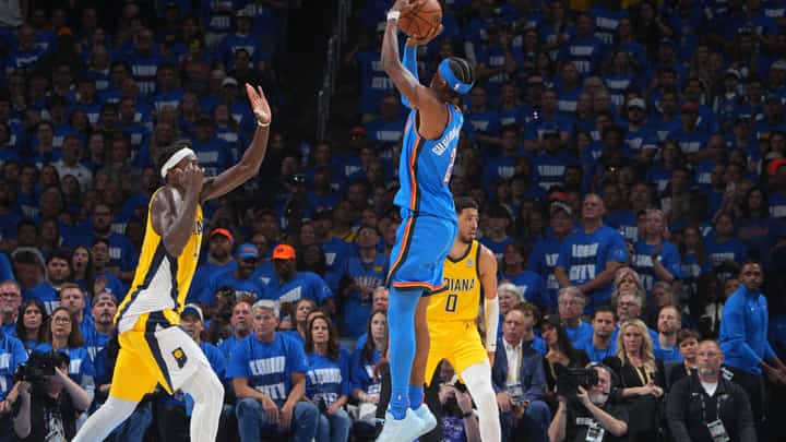 SHAI Gilgeous-Alexander #2 of the Oklahoma City Thunder shoots the ball during the game against the Indiana Pacers during Game Two of the 2025 NBA Finals