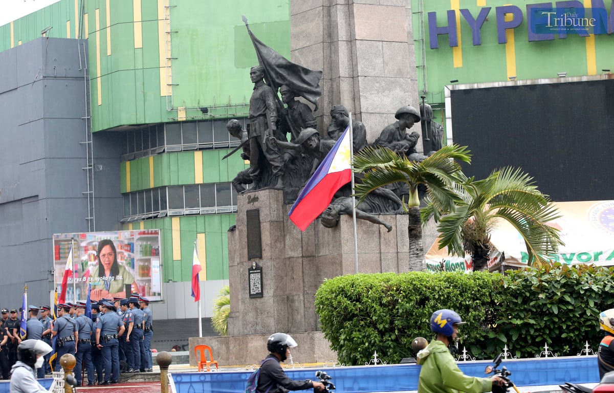 Members of the Northeastern Police District rehearse at the Andres Bonifacio Monument in Caloocan on Wednesday, 11 June 2025, ahead of the 127th Independence Day celebration.