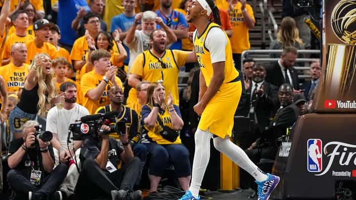 MYLES Turner #33 of the Indiana Pacers celebrates during the game against the Oklahoma City Thunder during Game Three of the 2025 NBA Finals