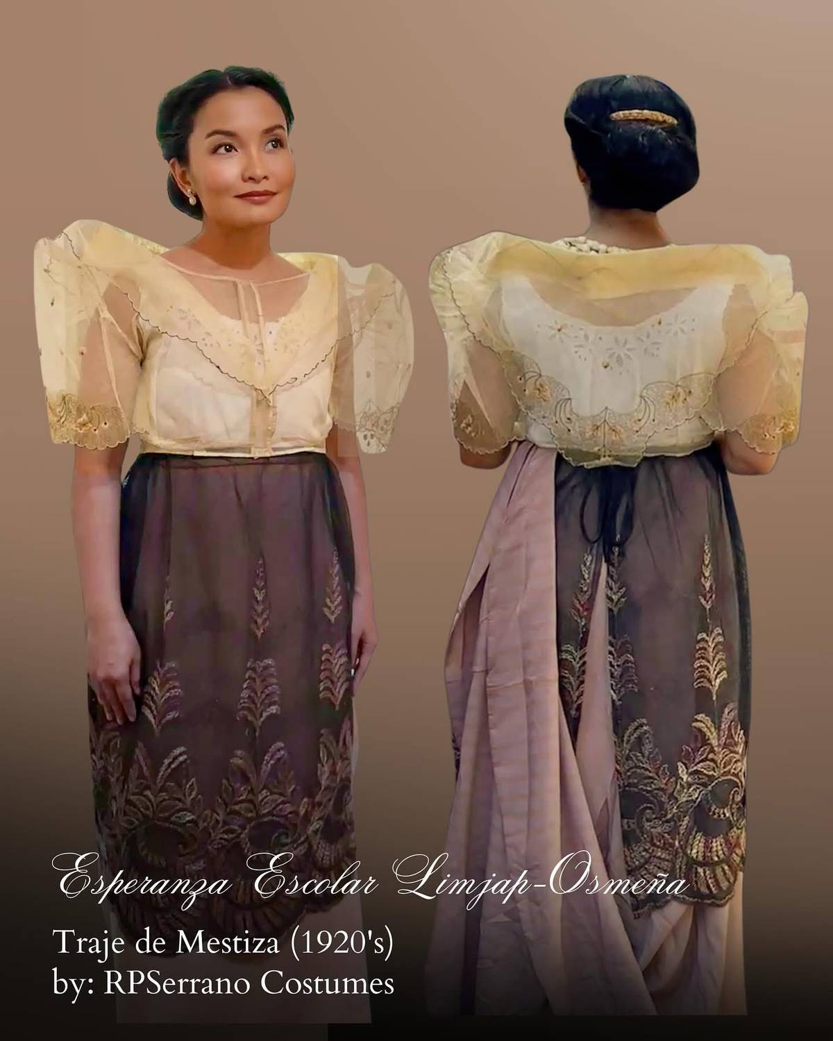 The costume, curated by Serrano with the assistance of Alexander Serrano Tuquero, is a harmonious blend of authentic antique heirlooms and meticulously crafted replicas—each chosen with reverence to period accuracy