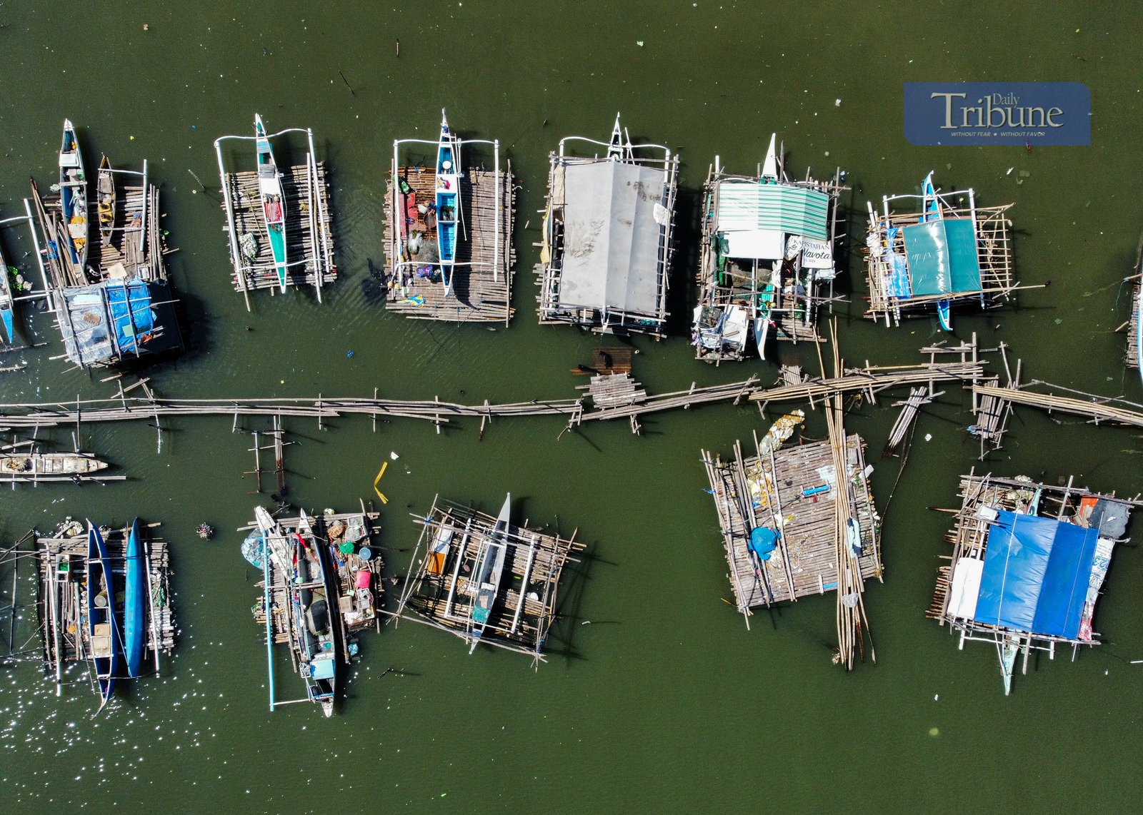 FISHING boats are moored to an improvised bamboo raft in Barangay Tanza, Navotas City, on the morning of 14 June 2025, after a night at sea — safeguarded from the strong waves brought by the habagat season.