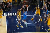 SHAI Gilgeous-Alexander #2 of the Oklahoma City Thunder shoots the ball during the game against the Indiana Pacers during Game Four of the 2025 NBA Finals on June 13, 2025 at Gainbridge Fieldhouse in Indianapolis, Indiana.