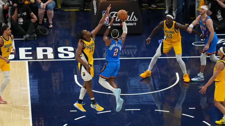 SHAI Gilgeous-Alexander #2 of the Oklahoma City Thunder shoots the ball during the game against the Indiana Pacers during Game Four of the 2025 NBA Finals on June 13, 2025 at Gainbridge Fieldhouse in Indianapolis, Indiana.