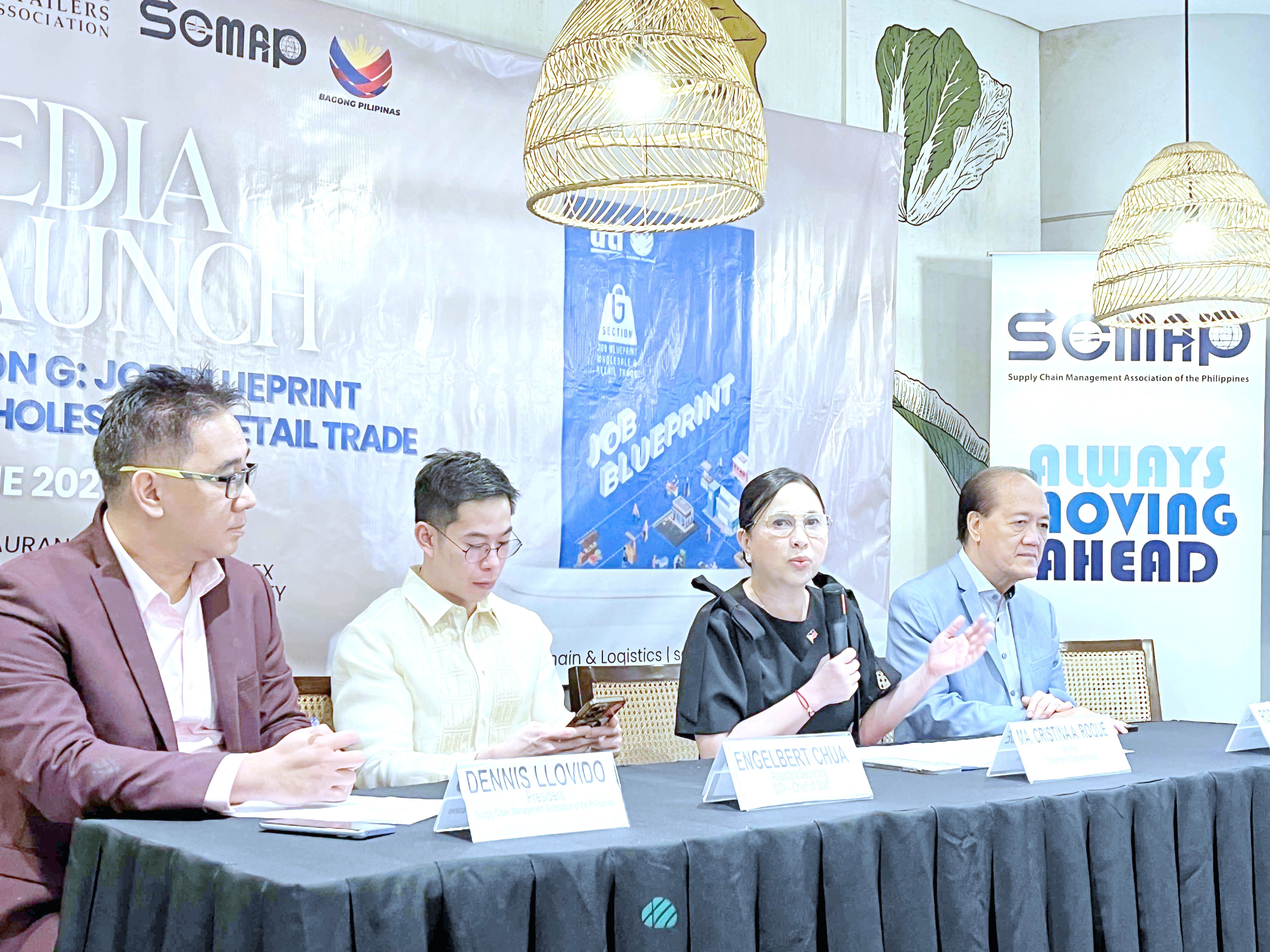 Trade and Industry Secretary Cristina Roque (3rd from left) underlined the government’s backing of local cement manufacturers, at the sidelines of the launch of ‘Section G: Job Blueprint for Wholesale and Retail Trade’  on Monday at SM North EDSA Annex in Quezon City.