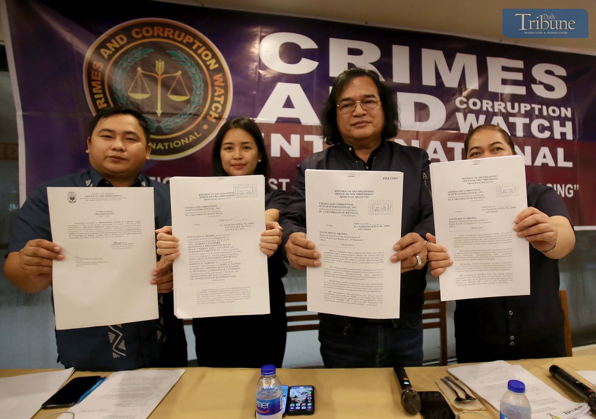 Crimes and Corruption Watch International (CCWI), led by Chairman Dr. Carlo Batalla, presents a copy of its complaint filed before the Office of the Ombudsman, charging DPWH Region 6 Director Sanny Boy Oropel with 16 counts of violating the New Government Procurement Act (RA 12009). Filed during a press conference in Quezon City on Wednesday, 18 June 2025, the complaint stems from alleged project slippage in 2024 infrastructure contracts awarded to International Builders Corp. (IBC) under Oropel’s supervision. CCWI also urged the Ombudsman to blacklist IBC, citing alleged substandard work and delays in several multi-million-peso public infrastructure projects.
