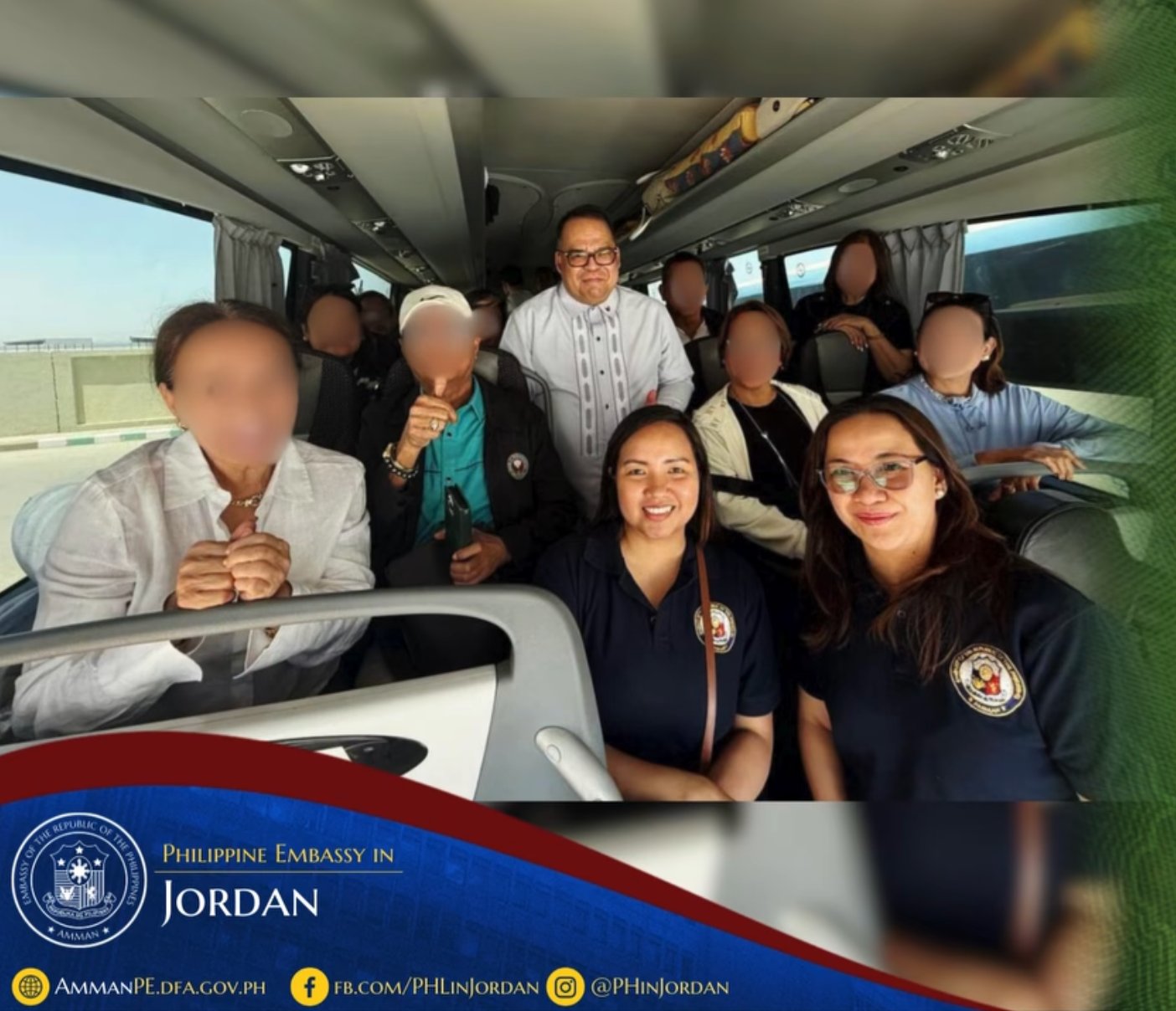 PHILIPPINE Ambassador Wilfredo Santos welcomes the evacuated officials at the King Hussein Border in Jordan, where they received assistance and free transit visas.