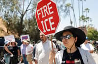 FANS protest the presence of US Immigration and Customs Enforcement agents at the Los Angeles Dodgers Stadium ahead of the Dodgers’ MLB game against the San Diego Padres.