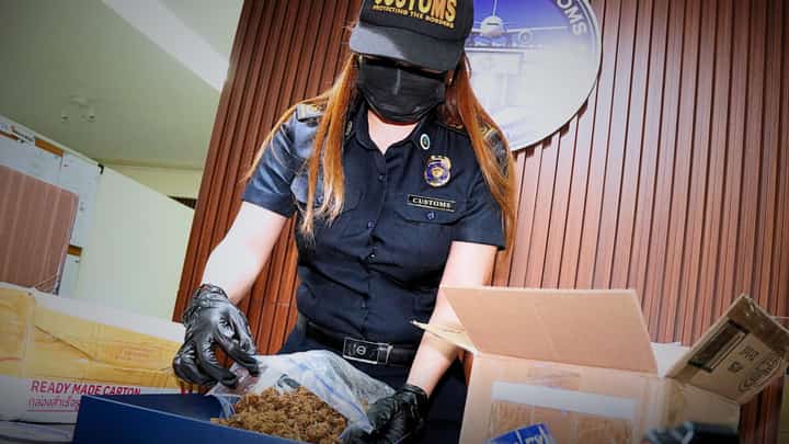 PERSONNEL of Bureau of Customs-NAIA Inter-Agency Drug Interdiction Task Group inspect the 'kush' discovered at the Central Mail Exchange Center in Pasay City.