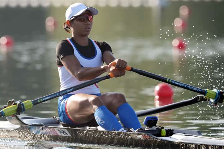 Philippines' Joanie Delgaco competes in the women's single sculls repechages rowing competition at Vaires-sur-Marne Nautical Centre in Vaires-sur-Marne during the Paris 2024 Olympic Games on July 28, 2024.