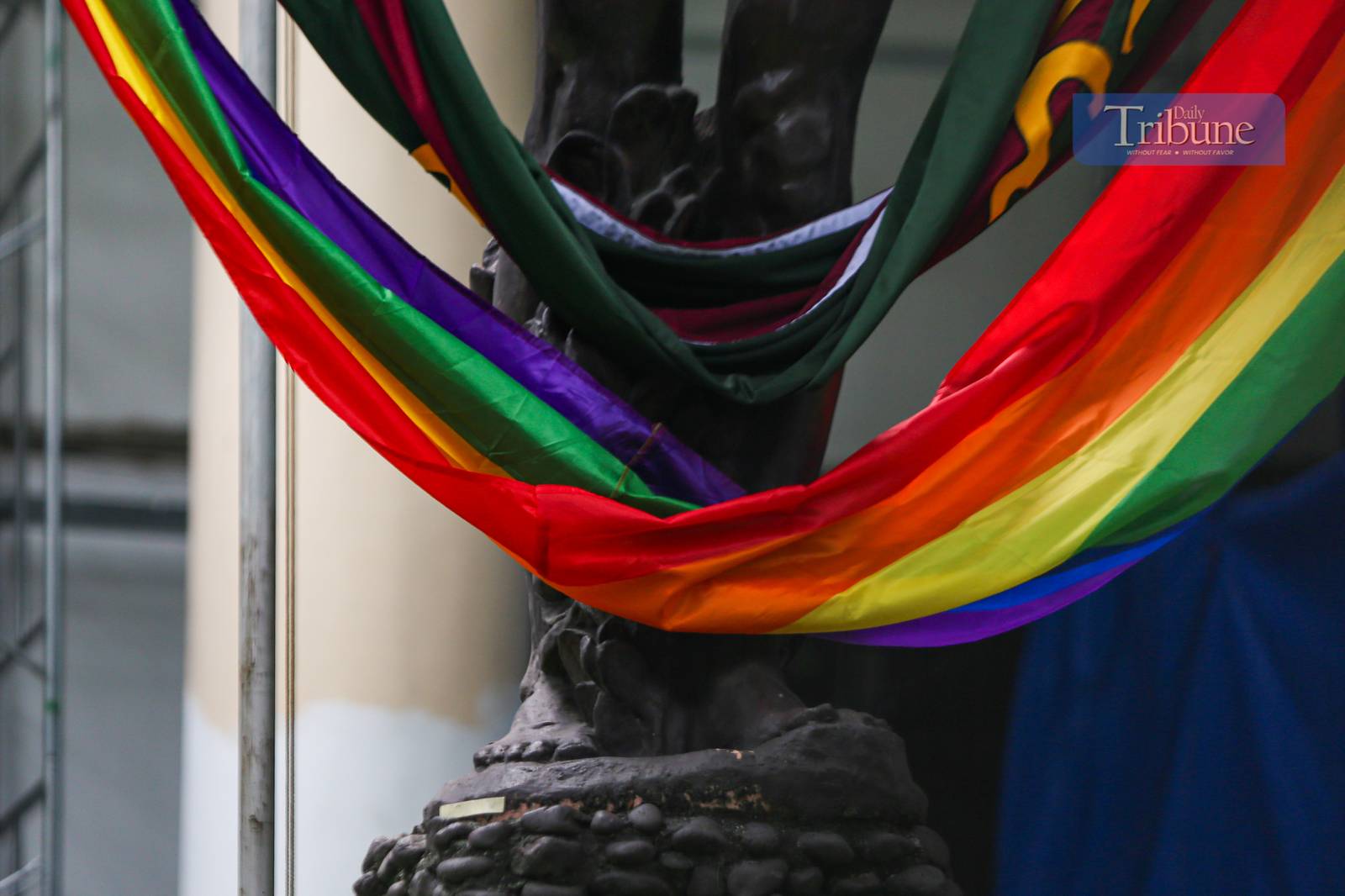 The iconic Oblation statue at the University of the Philippines Manila stands draped in a Pride flag along Padre Faura Street, as the campus joins nationwide celebrations of Pride Month on 23 June 2025—symbolizing solidarity, freedom, and inclusivity.