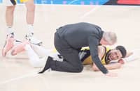 TYRESE Haliburton of the Indiana Pacers winces in pain after suffering a torn Achilles during their 91-103 loss to the Oklahoma City Thunder in Game 7 of the NBA Finals.