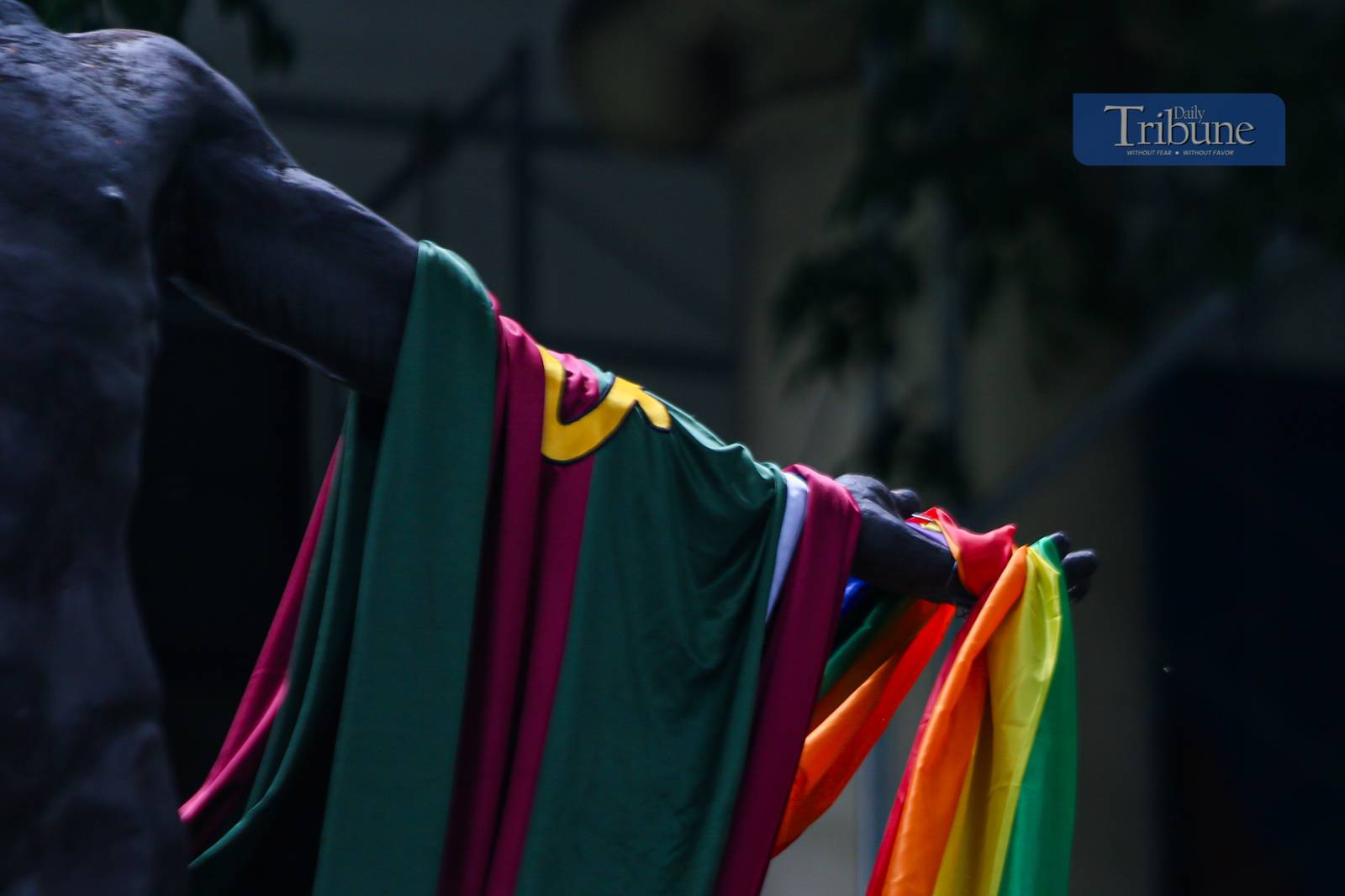 The iconic Oblation statue at the University of the Philippines Manila stands draped in a Pride flag along Padre Faura Street, as the campus joins nationwide celebrations of Pride Month on 23 June 2025—symbolizing solidarity, freedom, and inclusivity.