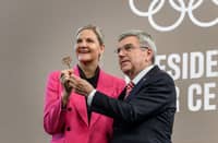 OUTGOING International Olympic Committee chief Thomas Bach (right) formally turns over the organization’s symbolic key to incoming president Kirsty Coventry during the handover ceremony at the Olympic House in Lausanne, Switzerland.