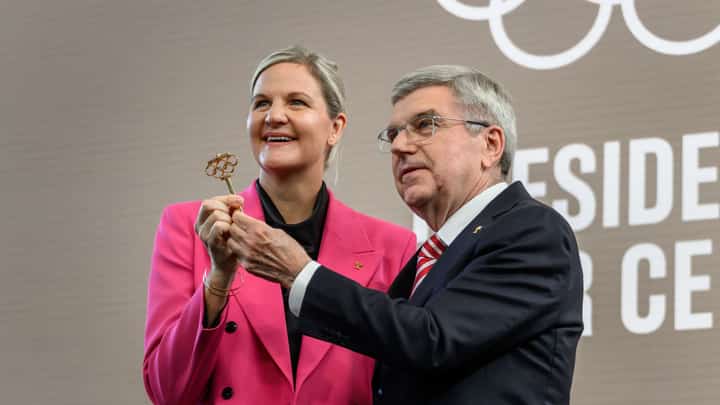 OUTGOING International Olympic Committee chief Thomas Bach (right) formally turns over the organization’s symbolic key to incoming president Kirsty Coventry during the handover ceremony at the Olympic House in Lausanne, Switzerland.