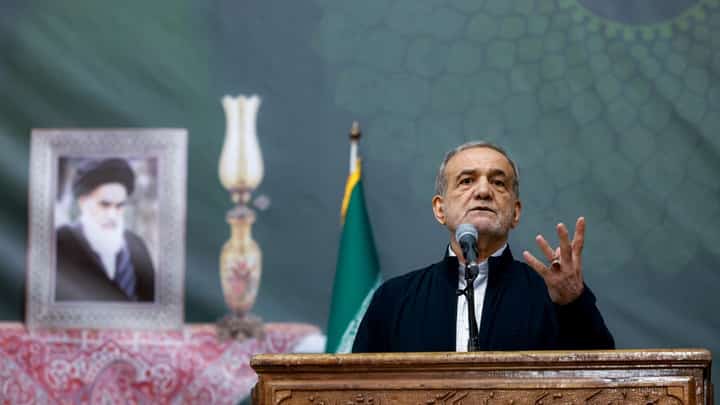 This handout picture provided by the Iranian presidency shows Iran's President Masoud Pezeshkian giving an address on the anniversary of the death of the country's former supreme leader Ayatollah Ruhollah Khomeini at the latter's mausoleum in Tehran on June 3, 2025.