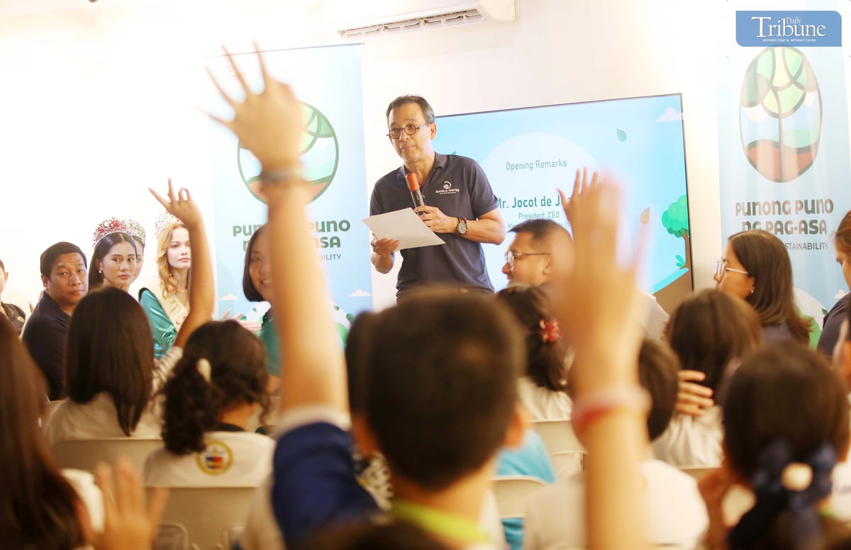 Manila Water President and CEO Jocot De Dios speaks to students from various schools in Marikina and Pasig about environmental care and hope through tree planting during the company’s Arbor Day celebration at La Mesa Eco Park in Quezon City on Wednesday. In the Philippines, Arbor Day is observed every 25 June as mandated by Presidential Proclamation No. 643 and Republic Act No. 10176.