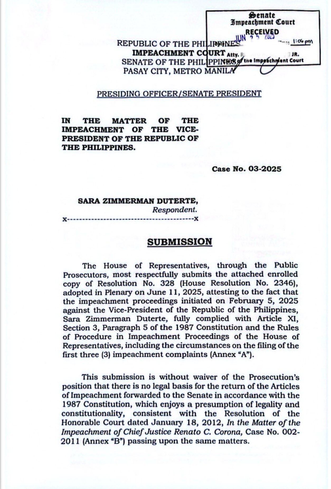 House insists Sara impeachment is constitutionally sound