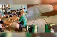 Left: U.S. and Philippine service members paint tables at an elementary school in Rizal, Palawan, on June 10 as part of Brigada Eskwela, a nationwide effort to prepare schools for the new academic year.
Right: U.S. service members team up with their Philippine counterparts in painting the ceiling of an elementary school as part of Brigada Eskwela.