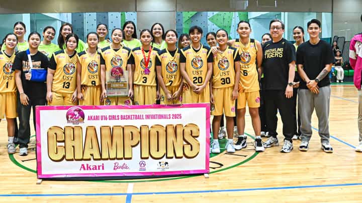 THE UST Junior Tigresses celebrate after crushing Triple B, 71-23, to rule the Akari U16 Girls’ Basketball Invitational on Sunday at the Victoria Sports Tower.