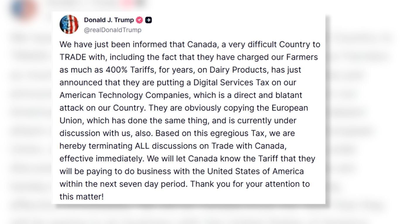 Trump ends trade talks with Canada over tax on US tech firms
